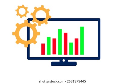 Technology icon showing laptop with gear and analytics graph, ideal for performance and system optimization.