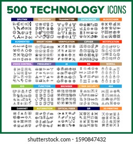 Technology Icon Thin Line Big Set Vector. Technology Symbol Package Bundle. Isolated Sign For Web Design Illustrations