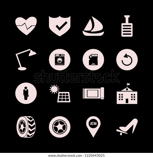 technology icon. technology\
vector icons set university campus, atm location, washer and shield\
check
