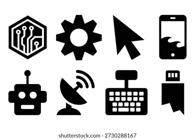 Iconos de Tecnología Tarjeta de circuitos Cursor de engranajes Teléfono Robot Satelital Teclado USB