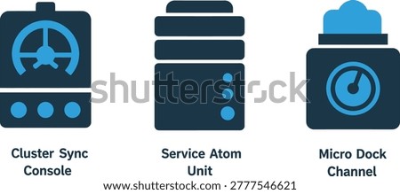 Technology icons: cluster sync console service atom unit micro dock channel with technology communication interface computer processing connection analysis monitoring software hardware