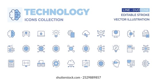 Technology icons collection. Line Duotone style, editable stroke. 3d viewer, brain, security, scanner, cells, eye, digitalization, calculator, cloud, technology, smart energy.