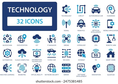 Technology icons collection. Modern technologies and technologies of the future. Ai, drone, robotics, iot, biometric, geolocation. Simple flat vector icon.