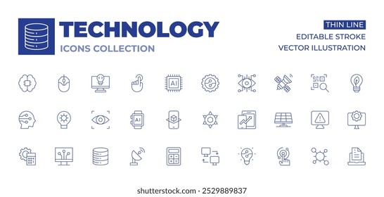 Coleção de ícones de tecnologia. Ícones de Linha Fina, traço editável. banco de dados, scanner ocular, satélite, smartwatch, digitalização, engrenagem, inteligência artificial, realidade aumentada, calculadora.