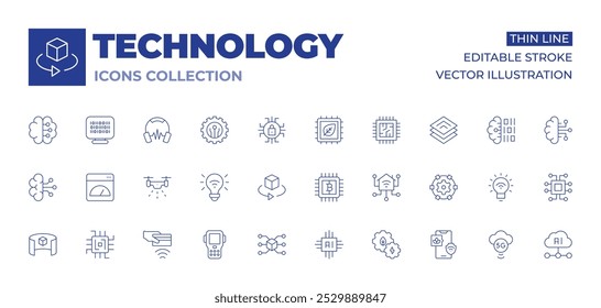 Coleção de ícones de tecnologia. Ícones de Linha fina, traçado editável. visualizador 3d, 3d, inteligência artificial, sem contato, drone, tecnologia ecológica, casa, pda, energia inteligente, aplicativo, bitcoin, chip.