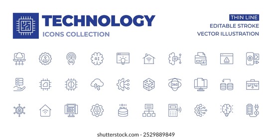 Technology icons collection. Thin Line icons, editable stroke. artificial intelligence, calculator, cyber security, data analytics, engineering, hosting, processor, smart home, brain, cloud.