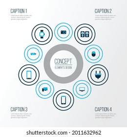 Technology icons colored set with computer, camera, smart watch and other charger elements. Isolated vector illustration technology icons.