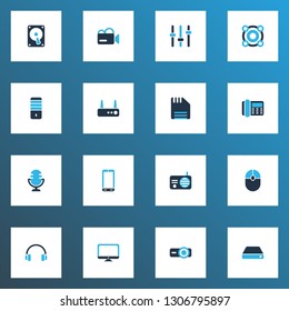 Technology icons colored set with radio, telephone, projector and other presentation elements. Isolated vector illustration technology icons.