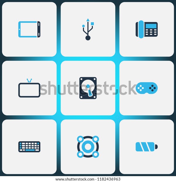 Technology icons colored set with telephone, hdd,\
battery and other charger elements. Isolated vector illustration\
technology icons.