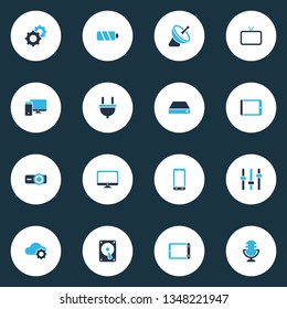 Technology icons colored set with tv, monitor, setting and other presentation elements. Isolated vector illustration technology icons.