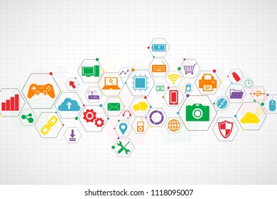Technology icons concept , Abstract colorful hexagon background