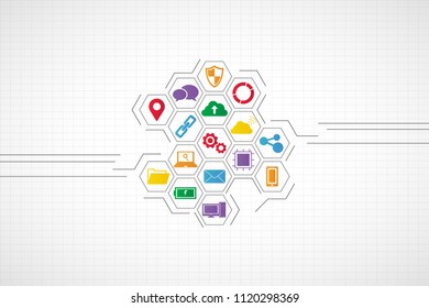 Technology icons concept , Abstract colorful hexagon integration