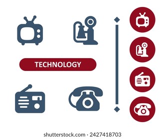 Technology icons. Device, antique, old, telephone, tv, television set, radio, phone icon. Professional, 32x32 pixel perfect vector icon.