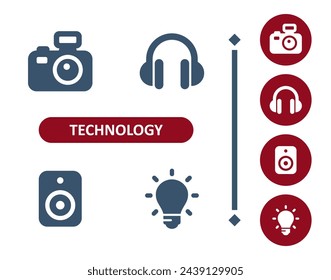Technology icons. Device, DSLR camera, headphones, speaker, lightbulb, light bulb icon. Professional, 32x32 pixel perfect vector icon.