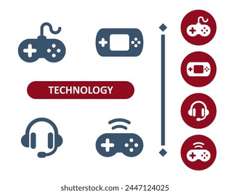 Iconos de Tecnología. Dispositivo, gamepad, dispositivo de juego, auriculares, auriculares icono. Profesional, Vector perfecto de 32x32 píxeles.