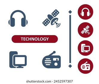 Iconos de Tecnología. Dispositivo, auriculares, satélite, PC, escritorio, ordenador, icono de radio. Profesional, Vector perfecto de 32x32 píxeles.