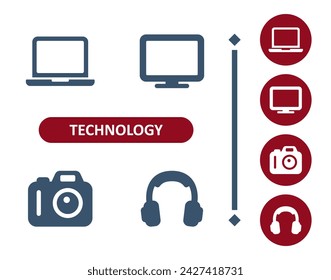 Technology icons. Device, laptop, computer, tv, camera, headphones icon. Professional, 32x32 pixel perfect vector icon.