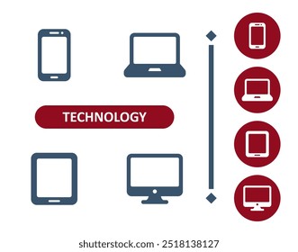 Iconos de Tecnología. Dispositivo, ordenador portátil, ordenador, tableta, smartphone, teléfono móvil, pantalla, icono del monitor. Profesional, icono de Vector perfecto de 32x32 píxeles.