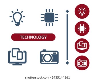 Technology icons. Device, light bulb, cpu, microprocessor, tv, tablet, mobile phone, camera icon. Professional, 32x32 pixel perfect vector icon.