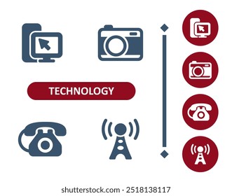 Iconos de Tecnología. Dispositivo, PC, escritorio, computadora, cámara, teléfono, teléfono, icono de torre de radio. Profesional, icono de Vector perfecto de 32x32 píxeles.