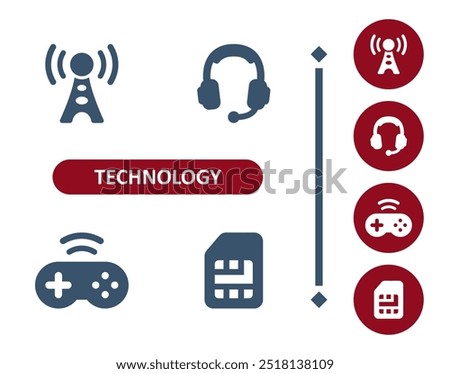Technology icons. Device, radio tower, headset, headphones, game controller, gamepad, wireless, sim card icon. Professional, 32x32 pixel perfect vector icon.