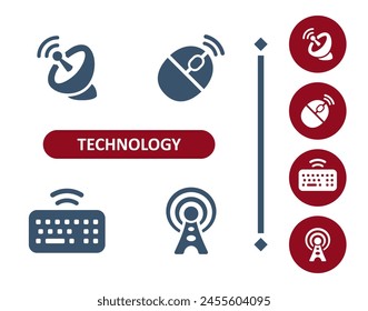 Technology icons. Device, satellite dish, wireless, wifi, wi-fi, mouse, keyboard, radio tower icon. Professional, 32x32 pixel perfect vector icon.