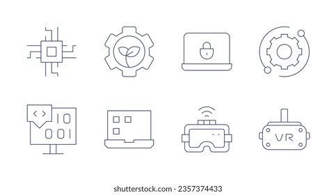 Technology icons. editable stroke. Containing green technology, laptop, security, vr glasses, technical support, chip, coding.