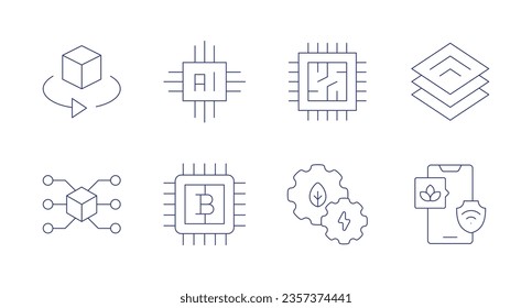 Techniksymbole. bearbeitbarer Strich. Mit 3d, künstliche Intelligenz, CPU, Öko-Technologie, Plattform, intelligente Landwirtschaft, Bitcoin.