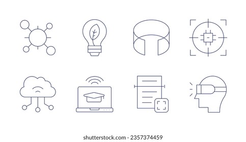 Technology icons. editable stroke. Containing green energy, laptop, immersive vr, ocr, target, virtual reality glasses, cells, cloud.