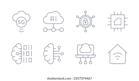 Iconos de tecnología. trazo editable. Contienen 5G, inteligencia artificial, ciberseguridad, computación perimetral, procesador, hogar inteligente, cerebro.