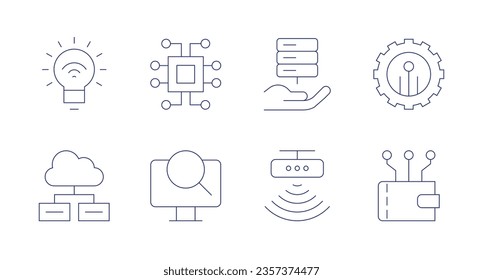 Technology icons. editable stroke. Containing bulb, cloud computing, hosting, motion sensor, technology, wallet, chip, computer.