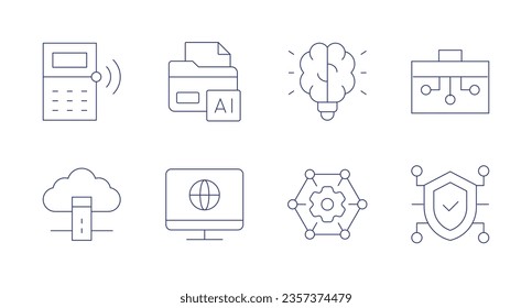 Technology icons. editable stroke. Containing idea, network, security, toolbox, folder, internet, calculator, cloud server.