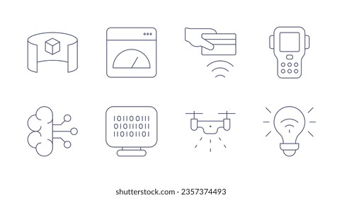 Iconos de tecnología. trazo editable. Conteniendo visor 3d, inteligencia artificial, sin contacto, drone, pda, energía inteligente, app, código binario.