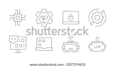 Technology icons. editable stroke. Containing green technology, laptop, security, vr glasses, technical support, chip, coding.