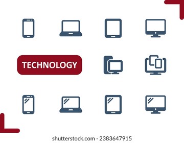 Technology Icons. Electronics, Devices, Gadgets, Computer, Mobile Phone, Laptop, Tablet, PC Icon. Professional, pixel perfect vector icon set.