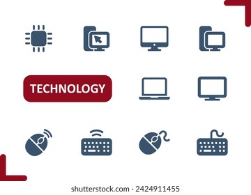 Technology Icons. Electronics, Devices, Gadgets, Computer, PC, CPU, Microprocessor, Laptop, Keyboard, Mouse Icon. Professional, pixel perfect vector icon set.