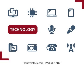 Technology Icons. Electronics, Devices, Gadgets, CPU, Microprocessor, Camera, Phone, PC Icon. Professional, pixel perfect vector icon set.