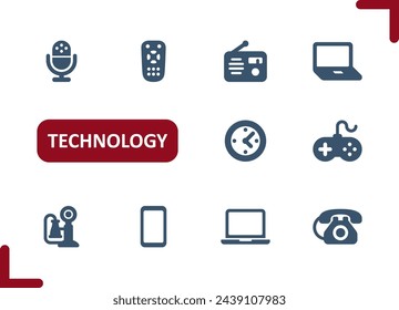 Technology Icons. Electronics, Devices, Gadgets, Microphone, Laptop, Radio, Telephone Icon. Professional, pixel perfect vector icon set.