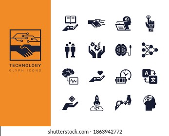 Technology icons in a flat style isolated on a white background. Robotics, artificial intelligence, glyph icons. EPS 10. Vector illustration.