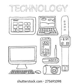 Technology icons, hand drawn, digital camera, wifi router, laptop, desk computer, tablet, smartwatch, smartphone, freehand, isolated, pencil