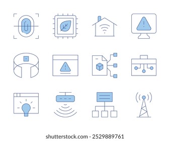Technology icons. Line Duotone style, editable stroke. smart contract, fingerprint, immersive vr, signal tower, alert, error, toolbox, project, smart house, idea, motion sensor, chip.