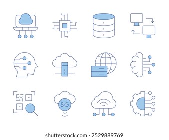 Iconos de Tecnología. Base de datos, computación de borde, big data, conexión, chip, código de barras, redes de computadoras, iot, inteligencia artificial, servidor en la nube, cerebro, 5G.