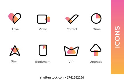 Iconos de tecnología en contorno y gradiente. Dos iconos de tono que muestran Amor, Como, Video, Chat, Corregir, Derecha, Comprobar, Reloj, Hora, Estrella, Marcador, VIP, Actualización, Flecha Arriba. Concepto de logotipo vectorial de trazo.