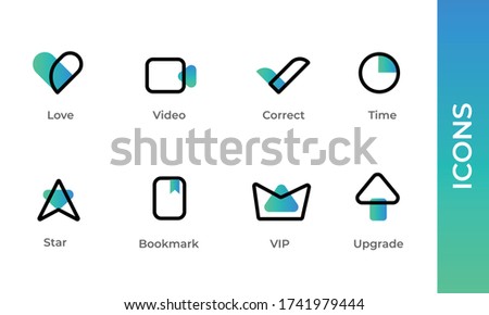 Technology Icons in outline and gradient. Two tone icons showing Love, Like, Video, Video Chat, Correct, Right, Check, Clock, Time, Star, Bookmark, VIP, Upgrade, Up Arrow. Stroke vector logo concept.