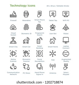 Technology Icons - Outline styled icons, designed to 48 x 48 pixel grid. Editable stroke.