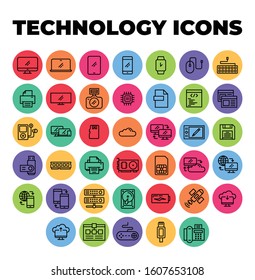 technology icons outlined in colored round background circles