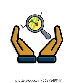 Technology icons. Predictive Analytic. graph with magnifying glass in hand. Depicts automation, artificial intelligence. Isometric design style