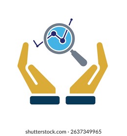 Technology icons. Predictive Analytic. graph with magnifying glass in hand. Depicts automation, artificial intelligence. Flat design style