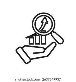 Technology icons. Predictive Analytic. Upward graph with magnifying glass in hand. Depicts automation, artificial intelligence. Outline design style