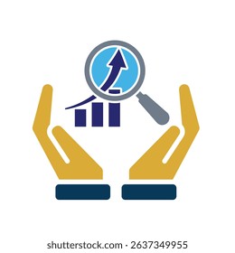 Technology icons. Predictive Analytic. Upward graph with magnifying glass in hand. Depicts automation, artificial intelligence. Flat design style